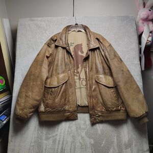 VTG Hunt Club Mens Brown Distressed Genuine Leather Bomber Jacket Big 52R